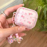Cute Pink Flower Pattern Headphones Case For Airpods 4 Pro 2nd 3rd Generation Soft Cover For AirPods 1 2 3 With Pearl Keychain