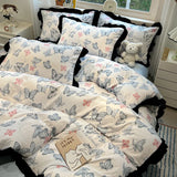 Korean Black White Hepburn Style Bedding Sets Ultra Soft Breathable Duvet Cover Set with Black Lace Fitted Sheet Set for Adults