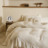 Cotton and Linen Vintage Hollow Lace Edge Bedding Set Queen King Size Duvet Cover Set Flat/Fitted Bed Sheet Pillowcases 4Pcs