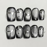 10Pcs Black Handmade Press on Nails Full Cover Glitter Cat Eye Design Short Ballerina Artificial False Nails Manicure Nail Tips