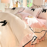 Korean Princess Style With Black Bow Lace Ruffles Pleat Milk Velvet Bedding Set Bedroom Decor Duvet Cover Bed Sheet Pillowcase
