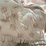 Vintage Lace Ruffles Rose Print Pure Cotton Bedding Set Duvet Cover Set 1.4M/1.5M/1.6M/1.8M/2M Bed Skirt Bedspread Pillowcases