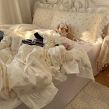 Korean Princess Style Flowers Print Ruffles 100% Cotton Bedding Set Duvet Cover Plaid Flat/Fitted Bed Sheet Pillowcases 3/4Pcs