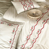 Flowers Embroidery Bedding Set Cotton Satin Bed Linens Sheet Pillowcase Duvet Cover Set Underwear