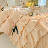 100% Cotton Korean Princess Style Three-layer Ruffles Bow Bedding Set Duvet Cover Bed Skirt Bedspread Pillowcases Wedding Gifts