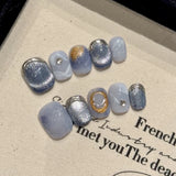 10Pcs Retro Handmade Cat Eye Press on Nails Full Cover Flower Short Blue French Ballet False Nails Artificial Wearable Manicure
