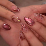 Medium Almond Press On Nails Rose Gold Cat Eye Fake Nails with 3D Flower Leaf False Nails Pearl Glossy Reusable Glue On Nails