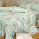 Rose Flowers Embroidery Lace Ruffles Bedding Set Lyocell Cotton Soft Silky Cooling Duvet Cover Flat/Fitted Bed Sheet Pillowcases