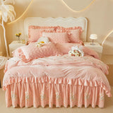 Luxury Winter Thickened Velvet Rose Flowers Embroidery Bedding Set Ruffles Duvet Cover, Quilted Bedspread, Bed Skirt, Pillowcase