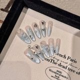 10PCS wearable french pink nails with bubble diamonds full cover handmade false nails with glue ballet long coffin press on nail