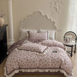 500TC Egyptian Cotton Vintage French Rose Flowers Print Ruffles Bedding Set Duvet Cover Flat/Fitted Bed Sheet Pillowcases 4Pcs