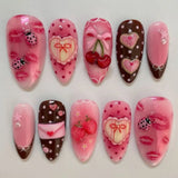 24pcs Pink Almond False Nail Art Datachable Cute Cherry Bow Design Nails Sets Press on Mid-length French Fake Nails Tip Finished
