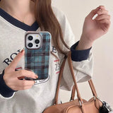 For IPhone 11 12 13 14 15 16 Pro Max X XR XS Max 7 8 Plus SE 2022 2020 Retro Brown Blue Checkered Pattern Clear Phone Case Cover