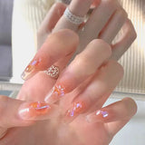24pcs Gradient Nude Color Fake Nails Medium Coffin False Nails Ballet Heart Pink Diamond Press on Nails Cute Sweet Bowknot Nail