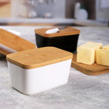 Simple Ceramic Butter Dish with Bamboo Cover Butter Knife Rectangular Sealed Jar Western Cheese Butter Box Storage Jar Tableware