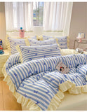 Black Lace Ruffles Korean Bow Decor Bedding Set Duvet Cover Pillowcase Washed Cotton Four-Piece Sets Soft Quilt Cover Bed Sheet