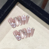 10Pcs Handmade Press on Nails Full Cover Glitter Hand-painted 3D Flower Rhinestone French Fake Nail Artificial Wearable Manicure