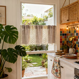 Bohemian Crochet Lace Kitchen Curtain with Tassel Trim, Spliced Design Boho Curtains for Window Panel Light Filtering Drape