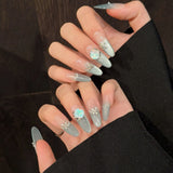 Handmade Press On Nails Long Oval Gradient Blue Cat's Eye False Nails With Aurora Diamond Decor French Fake Nails Wearable 10pcs
