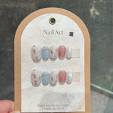 10Pcs Handmade Press on Nails Fresh Milk Green Champagne Short False Nails Glitter Sequins Design Full Cover Art Fake Nail Tips