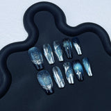 10Pcs Blue Lightweight Handmade Press on Nails Full Cover Cat Eye French Ballet Design False Nails Wearable Manicure Nail Tips