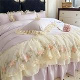 Princess Wedding Bedding Set Korean Style Lace Flowers Embroidery Duvet Cover Bed Sheet/Fitted Sheet/Bed Skirt Pillowcases 4Pcs