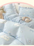 French Princess Lace Ruffles Bedding Set Washed Cotton Skin-friendly Duvet Cover Set with Sheet Soft Printed Flowers Quilt Cover