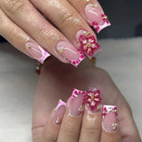 Flower Press on Nails Short Square Fake Nails with Pink Checkered Stick on Nail Cute Acrylic False Nail Spring Summer Nails