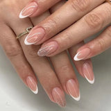 24pcs Silver Glitter Press on Nails Almond Simple French False Nails with Glue Acrylic Fake Nails Wearable Full Cover Nail Tips