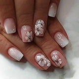 24pcs Sweet Cool False Nails Gradient French Fake Nail Tips with Purple Flowers Design Short Square Press on Nails Colorful Nail