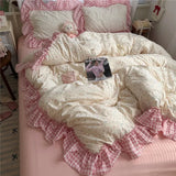 Korean Princess Style Floral Ruffles Bedding Set Washed Cotton Duvet Cover Bed Sheet Pillowcases Single Full Queen Size 3/4Pcs