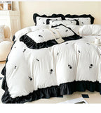 Rose Flowers Embroidery Ruffle Lace Bedding Set Washed Cotton Duvet Cover Set Skin Friendly Bed Sheet Pillowcases Princess Style