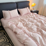 Korean Pink Gingham Bedding Sets With Cherry Cute Girls Striped Duvet Cover Wash Cotton Soft Bed Sheet Set Quilt Cover