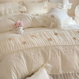 Korean Princess Style Lace Ruffles Wedding Bedding Set Soft Rose Flowers Four-Piece Set Duvet Cover Bed Sheet Pillowcase 4Pcs