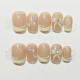 10Pcs Handmade Press On Nails Full Cover Cat Eye Bow Tie Heart Pearl Shiny Short Ballet False Nails Wearable Manicure Nail Tips