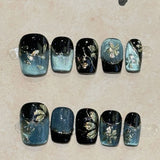 10pcs Short Ballet Handmade False Nails Blue Cat's Eye Fake Nail Tips with Glitter Flower Design Press on Nails Black Manicure