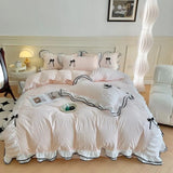 Korean Princess White Bedding Set For Women Double Ruffle Lace Duvet Cover Full Queen Solid Color Comfortable Falt Bed Sheet Set