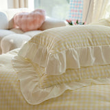 3pcs Pink Grid Bedding Set bedding set lace duvet cover and 2pcs pillowcases (no padding), suitable for bedroom