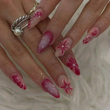 24Pcs Pink Almond False Nails Sweet Summer Fake Nail Cute Flowers Pearl Nails Press Ons Colorful Monet Press on Nails for Girls