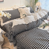 4/6Pcs Black&white Plaid 100% Cotton Bedding Set Romantic Lace Ruffles Washed Cotton Duvet Cover Bed Skirt Bedspread Pillowcases