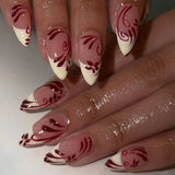 French Almond False Nails Retro Flowers Wearable Hand Drawn Press on Nails for Woman Datachable Full Cover False Nails Tips