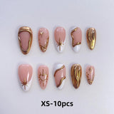 10pcs XS-S-M Size Luxury French Almond Press On Nails Metallic Gold Star Heart Wave Lines False Nails Reusable Acrylic Nail Tips