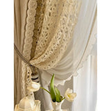 Cream Color Retro Cotton Linen Texture Hollowed Out Lace Bead Lace Curtains for Living Room Bedroom French Window Customized