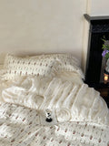 4Pcs Vintage French Pure Cotton Rose Print Pleated Lace Ruffles Bedding Set Queen King Size Duvet Cover Set Bed Sheet Pillowcase