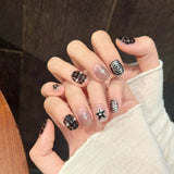 10pcs Handmade False Nails Art Wearable Cartoon Cute Cat Pattern Short Square Press on Nails Tips Bow Design Black Fake Nail Set
