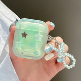 Green Stars Case with Pearl Bow Keychain For Apple AirPods 1 2 3 4 Pro 2 Bluetooth Earphone Cover funda For AirPods2 AirPod Pro2