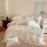 Korean Princess Style Lace Ruffles Wedding Bedding Set Soft Rose Flowers Four-Piece Set Duvet Cover Bed Sheet Pillowcase 4Pcs