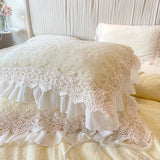 4Pcs Vintage Carved Velvet Lace Ruffles Princess Wedding Bedding Set Queen King Duvet Cover Set Fitted/Flat Sheet Pillowcases