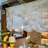 French White Romantic Butterfly Flower Lace Wavy Half Curtain with Beaded Ruffle Design Small Curtain for Kitchen Window, Study