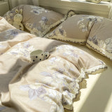 100% Brushed Cotton Bedding Set French Vintage Floral Duvet Cover Black Lace Trim Soft Pure Cotton Bed Sheet Pillowcases 4Pcs